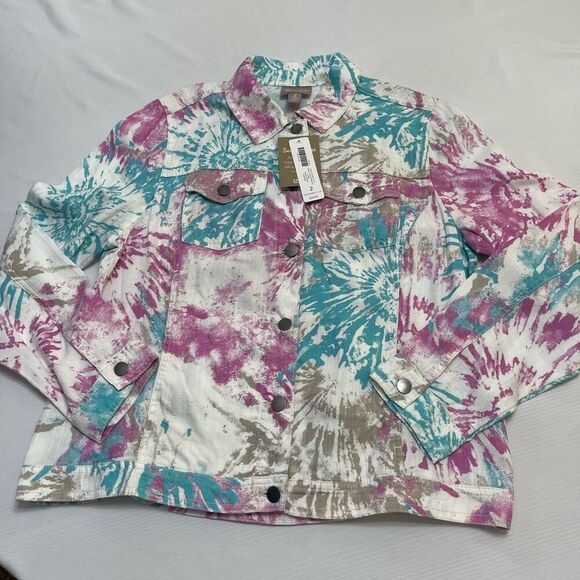 NWT Chico’s Multi Color Tie Dye Trucker Vandal Orchid Jacket Size 2 US Large New - Picture 1 of 8